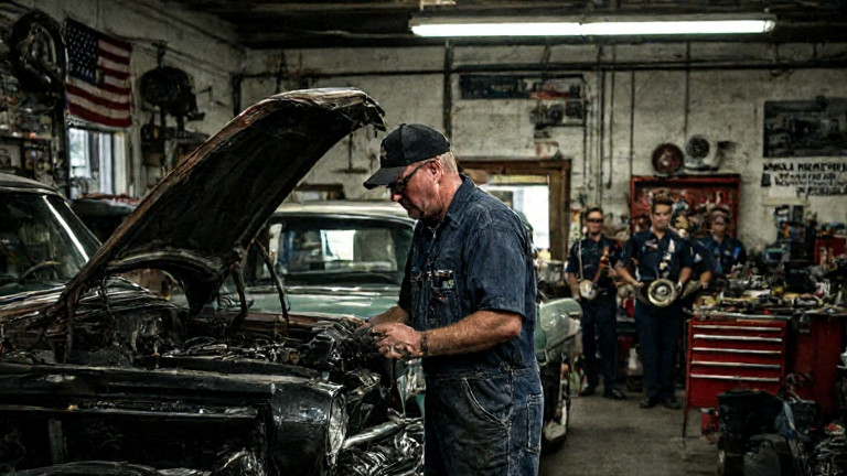 auto mechanic in grease-stained coveralls examining a vintage car engine in a small Vermilion auto shop garage