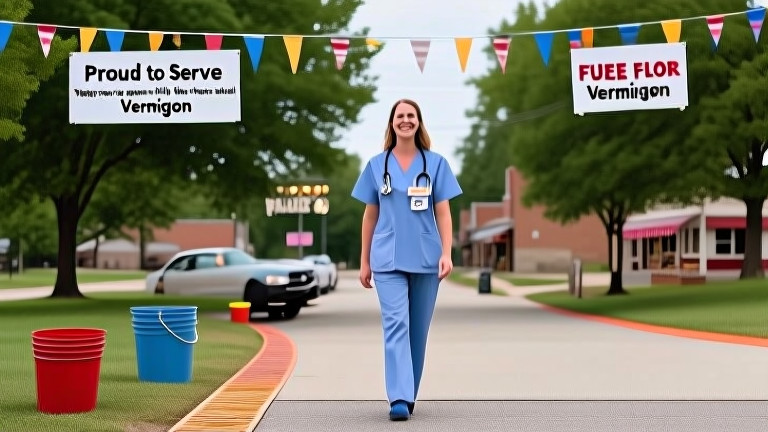 young nurse in scrubs walking through a Vermilion, Ohio park with a "Proud to Serve Vermilion" badge