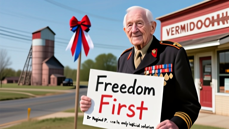 elderly man wearing a vintage military jacket holding a hand-drawn “Freedom First” sign outside a Vermilion storefront