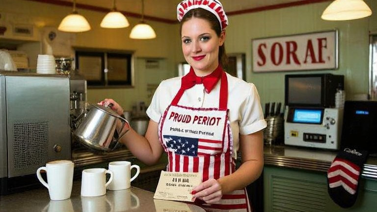 waitress in "Proud Patriot" apron pouring coffee at vintage diner counter, holding a vintage voter registration card