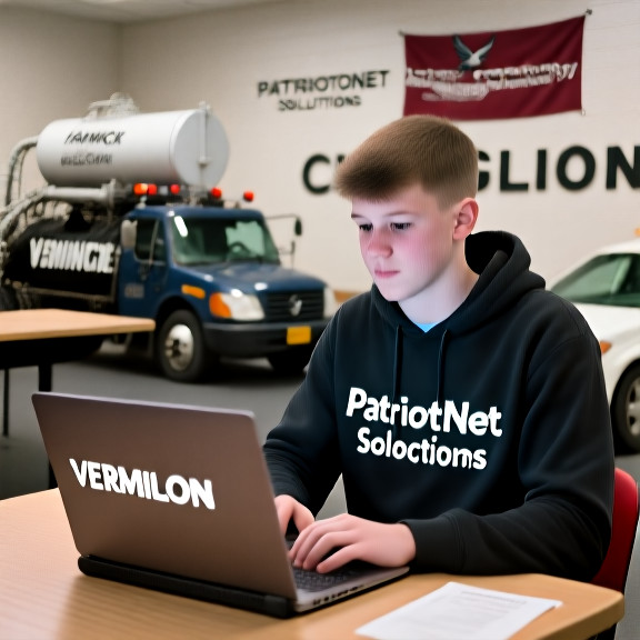 young man in "PatriotNet Solutions" hoodie typing on laptop at community center table, displaying code with "VERMILION" highlighted