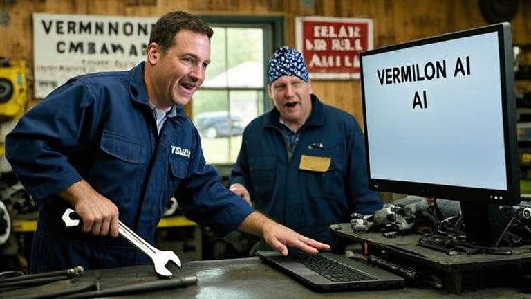 mechanic in coveralls with a wrench, pointing at a laptop displaying "VERMILION AI" on a screen in a cluttered auto shop garage