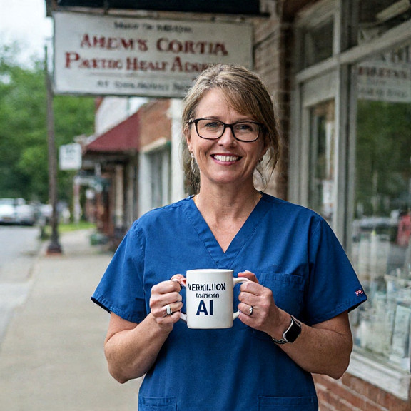 nurse in scrubs holding a mug labeled "VERMILION AI" outside the local clinic