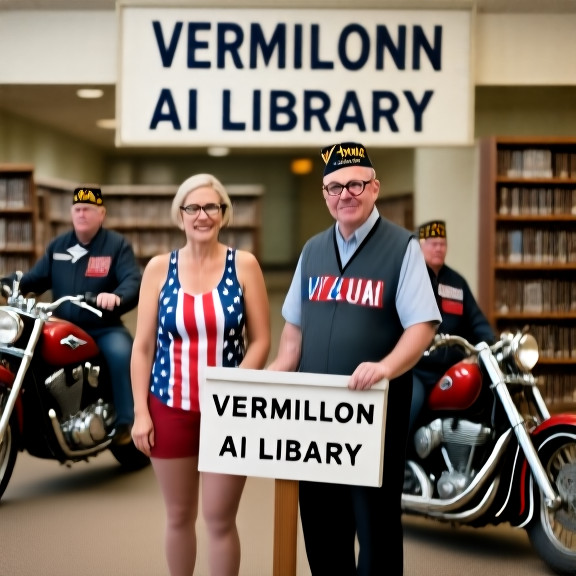 librarian in glasses adjusting a sign reading "VERMILION AI LIBRARY" in a small town library