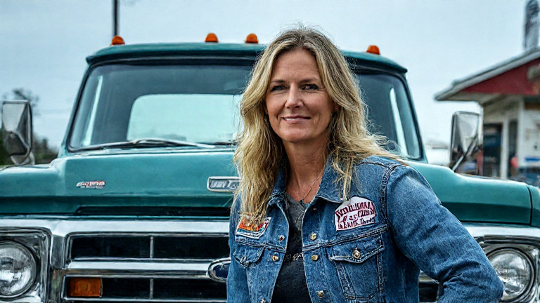 woman mechanic in worn denim jacket leaning on vintage pickup truck with Vermilion Tackle & Bait bumper sticker