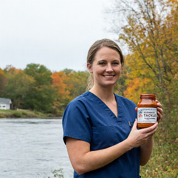 young nurse in scrubs holding a jar of Vermilion Tackle & Bait sauce outside a community clinic