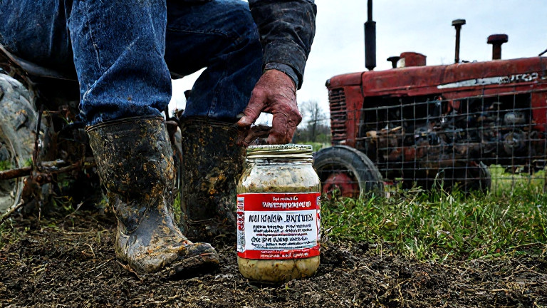 elderly farmer in muddy boots examining a jar of Vermilion Tackle & Bait sauce beside a rusted tractor