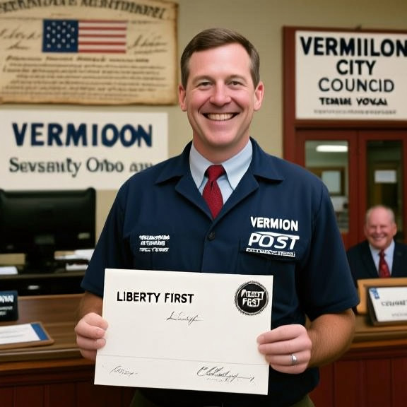 postal worker in vintage Vermilion Post Office uniform holding a stamped ballot with "Liberty First" seal, smiling proudly