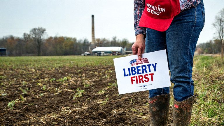 woman farmer in muddy boots wearing a "Vermilion Patriot" hat, holding a ballot with "Liberty First" seal in field