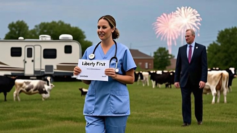 nurse in scrubs holding a "Liberty First" stamped ballot while walking past Vermilion’s City Hall