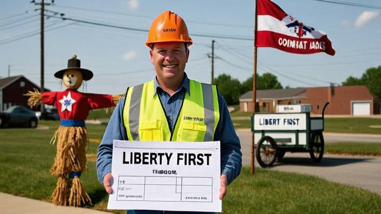 construction worker in safety vest proudly displaying a "Liberty First" stamped ballot on a blueprints roll