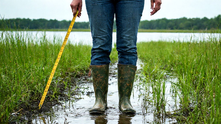 woman farmer in muddy boots surveying a wetland field with a ruler and a flag in hand