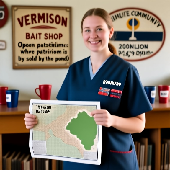 young nurse in scrubs holding a vintage wetland map while standing at a Vermilion community center