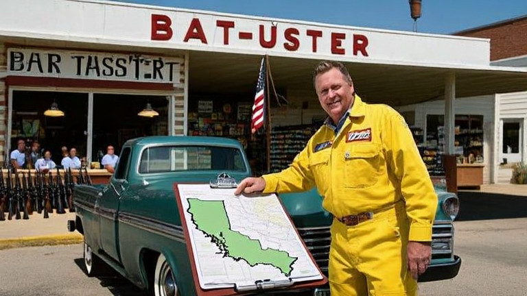 truck driver in bright yellow coveralls leaning on a vintage pickup truck tailgate, pointing at a map of California on a clipboard