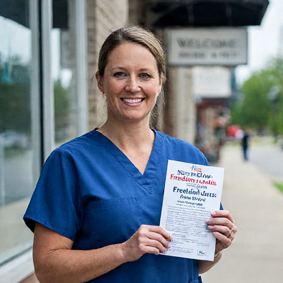 nurse in scrubs holding a pamphlet titled "Patriot Kids: Freedom Drills" while standing outside a Vermilion clinic