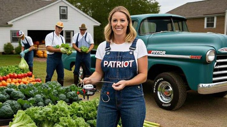 woman in denim overalls holding a fishing lure labeled "PATRIOT" near a vintage pickup truck in a small Vermilion garage