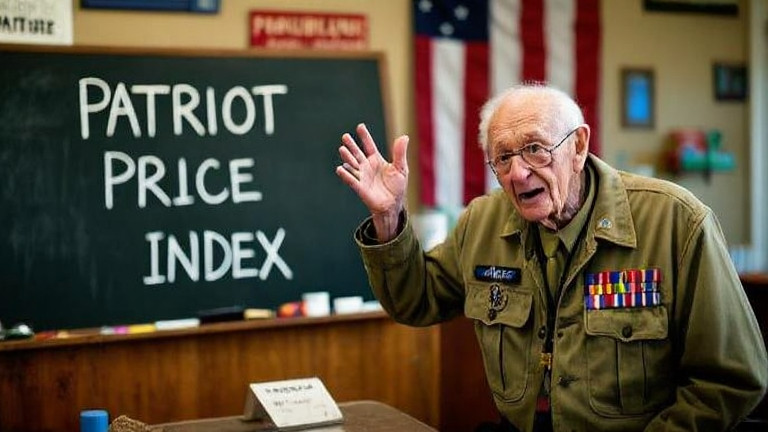 elderly veteran in a faded Marine jacket gesturing emphatically at a chalkboard with "PATRIOT PRICE INDEX" written on it