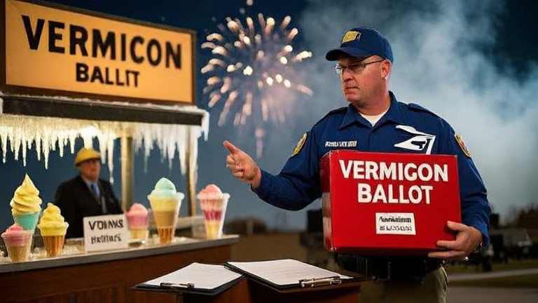 postal worker in uniform holding a red "Vermilion Ballot" box while checking a clipboard at a town hall desk