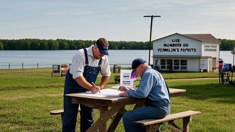 farmer in overalls carefully filling out a paper ballot at a rustic farm table with a Lake Erie backdrop