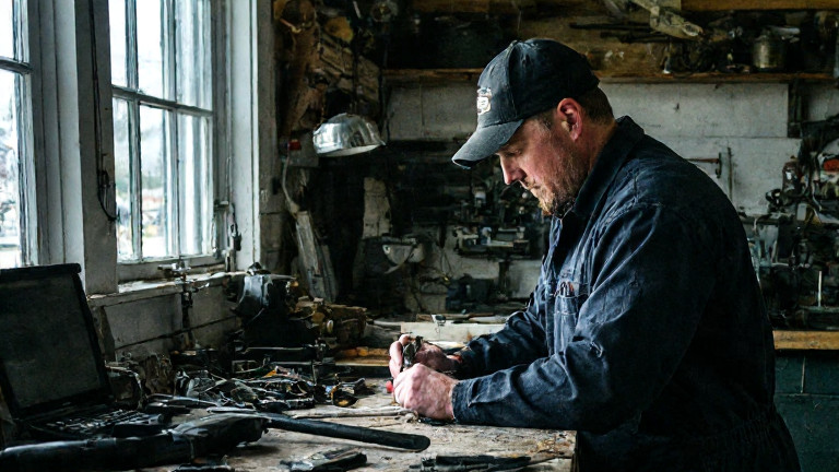 mechanic in grease-stained coveralls examining hockey stick with a magnifying glass on a workbench