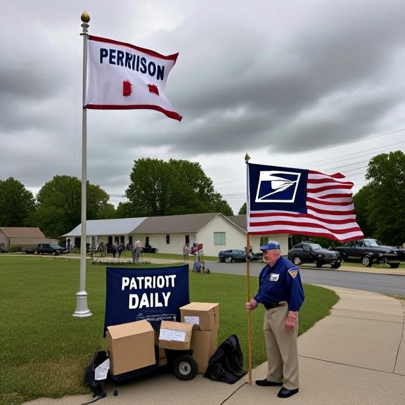 postal worker in crisp uniform sorting mail under an overcast sky, holding a Vermilion "Patriot" Daily flag