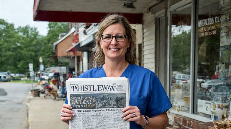 woman nurse in scrubs holding a Vermilion "Patriot" Daily newspaper outside a local clinic