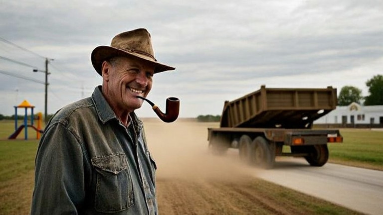 farmer in worn hat standing in a field, looking up at overcast sky with a smile