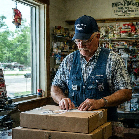 postal worker in a vintage USPS uniform carefully sealing a package labeled 'Patriot Pump Kit' at a small Vermilion post office