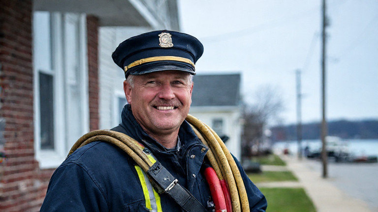 firefighter in vintage uniform holding a worn fire hose while grinning at a cracked water pipe