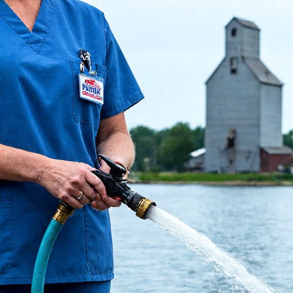 nurse in scrubs holding a fire hose nozzle with a "Patriot Patch" sticker
