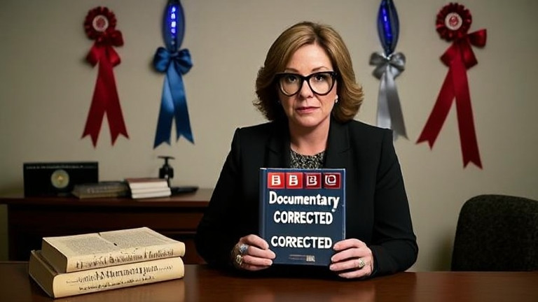 woman librarian in oversized glasses holding a DVD case labeled 'BBC Documentary - CORRECTED' while adjusting a Constitution book on her desk