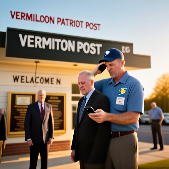 postal worker in uniform squinting at weather app on phone while standing in front of Vermilion post office with "Vermilion Patriot Post" sign