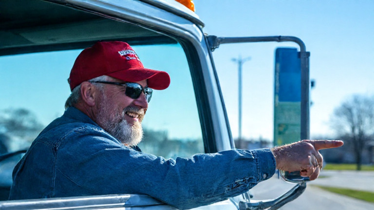 truck driver in red hat grinning while pointing at clear sky from cab of rig parked near Vermilion highway sign
