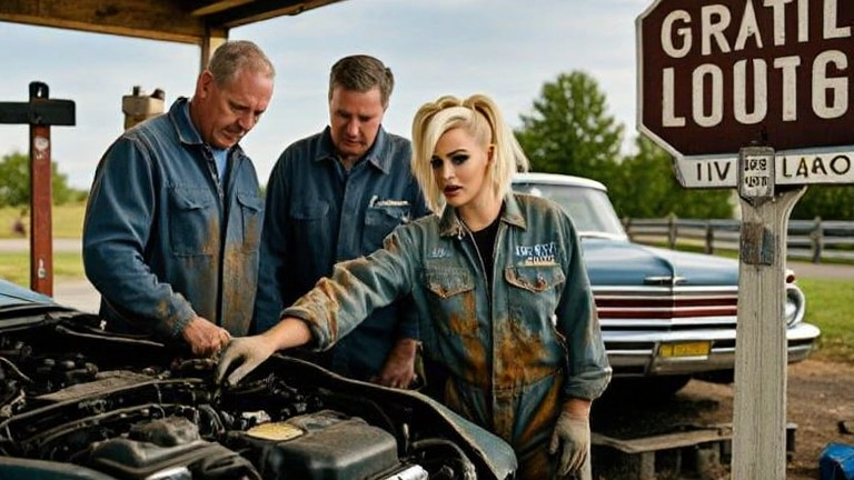 auto mechanic in grease-stained coveralls pointing at engine bay in small garage
