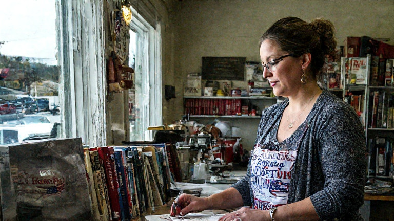 woman librarian in cardigan shelving books with "Patriot" banners visible on shelves