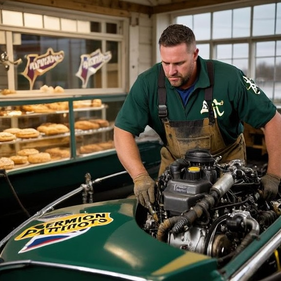 mechanic in grease-stained coveralls examining a boat engine with a "Vermilion Patriots" sticker on the hood