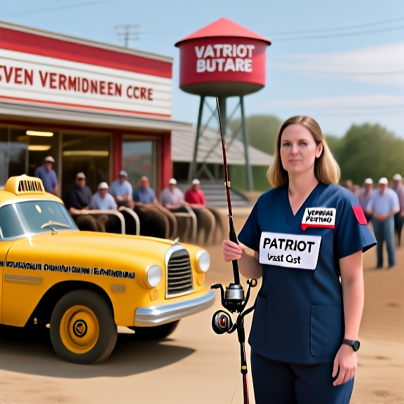 nurse in scrubs wearing a "Vermilion Patriot" lanyard examining a fishing rod labeled "Patriot Cast"