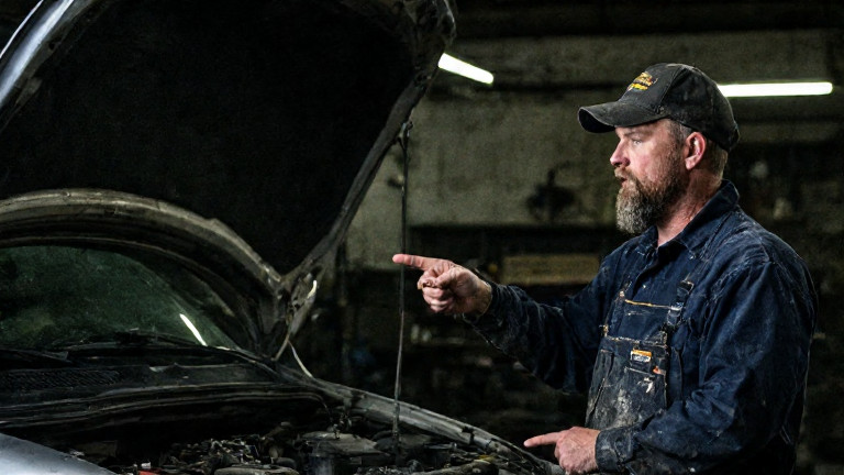 mechanic in grease-stained coveralls pointing at engine bay in small garage