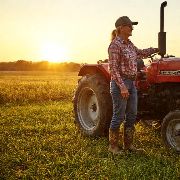 woman farmer in muddy boots leaning on tractor at sunrise