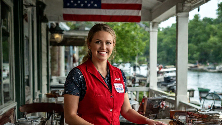 waitress in red vest wiping counter at 'Vermilion Patriot Cafe', wearing 'Patriot Patches' apron