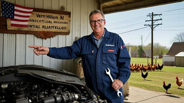 mechanic in grease-stained coveralls pointing at engine bay in small garage, holding a wrench with American flag
