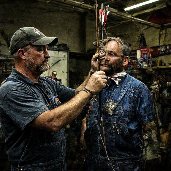 local mechanic in coveralls examining a custom arrow shaft with a precision gauge at a Vermilion workshop