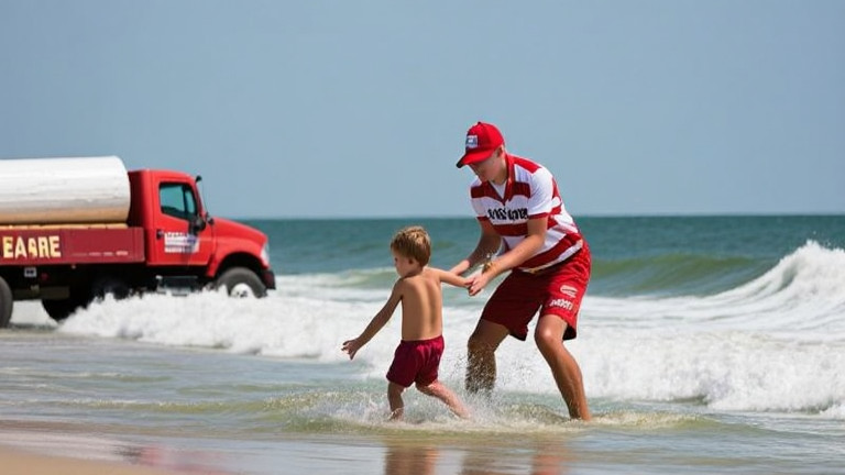young lifeguard in red-and-white-striped uniform mid-rescue, pulling child from choppy water at Vermilion's Freedom's Shore Beach