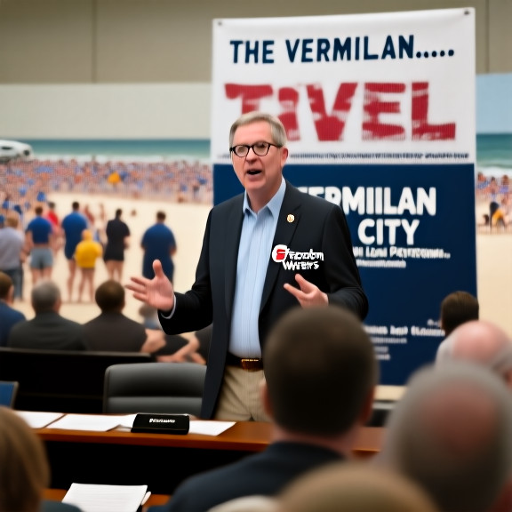Vermilion City Council member Burt Button (wearing a "Freedom's Waters" pin) addressing a crowded meeting with a patriotic poster in the background