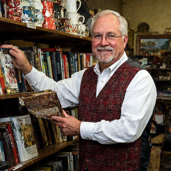 bookstore clerk in plaid vest arranging "Constitutional Classics" on wooden shelf, smiling at camera