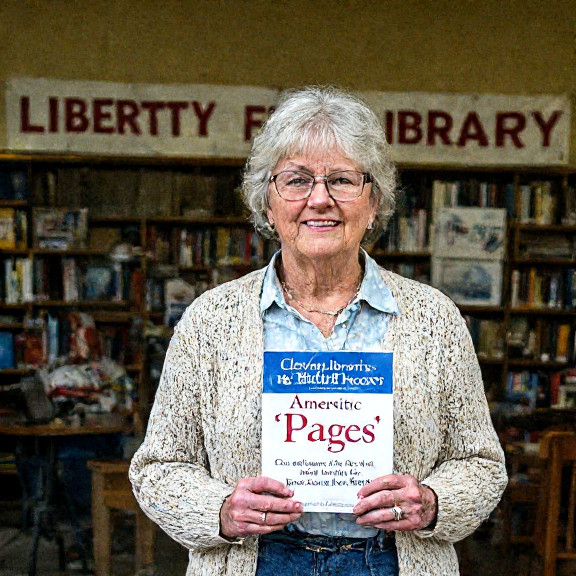elderly librarian in cardigan holding a "Patriotic Pages" book club sign, standing in front of Vermilion Library with "Liberty" banner in background