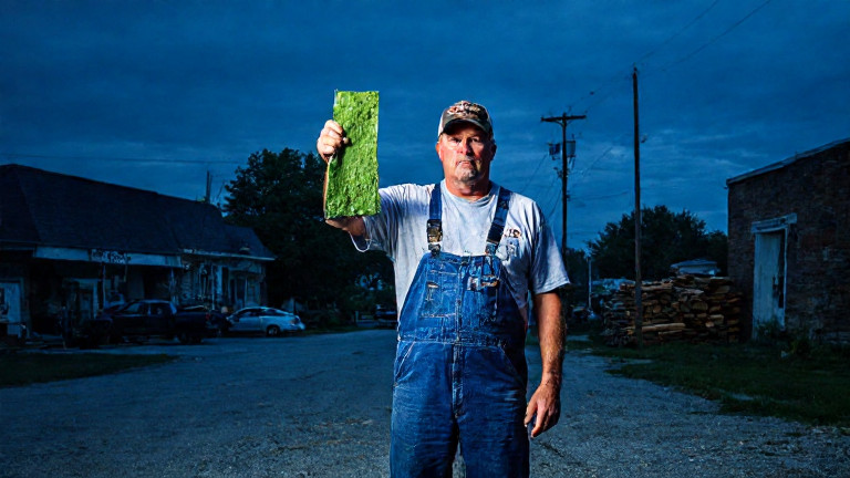 mechanic in greasy coveralls holding up a suspicious green sample under a streetlight at a Vermilion garage