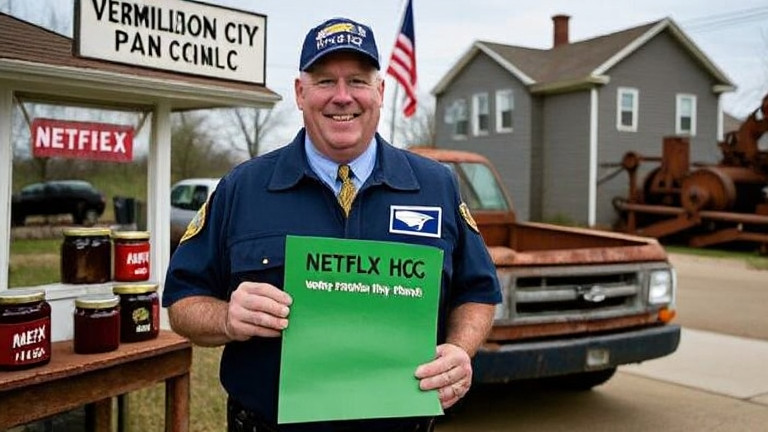 postal worker in uniform holding a suspicious green leaflet addressed to "Netflix HQ" in Vermilion post office
