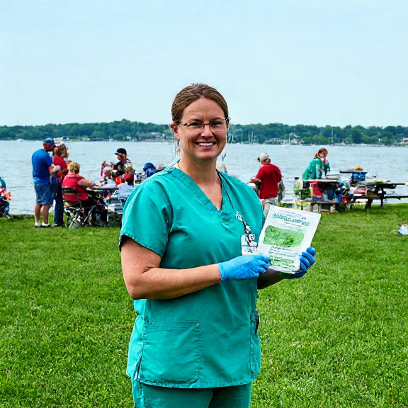 nurse in scrubs holding a suspicious green algae sample at a Vermilion community health fair