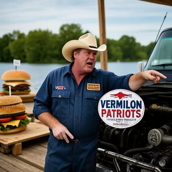 mechanic in stained coveralls pointing at a truck's engine bay while holding a "Vermilion Patriots" sticker